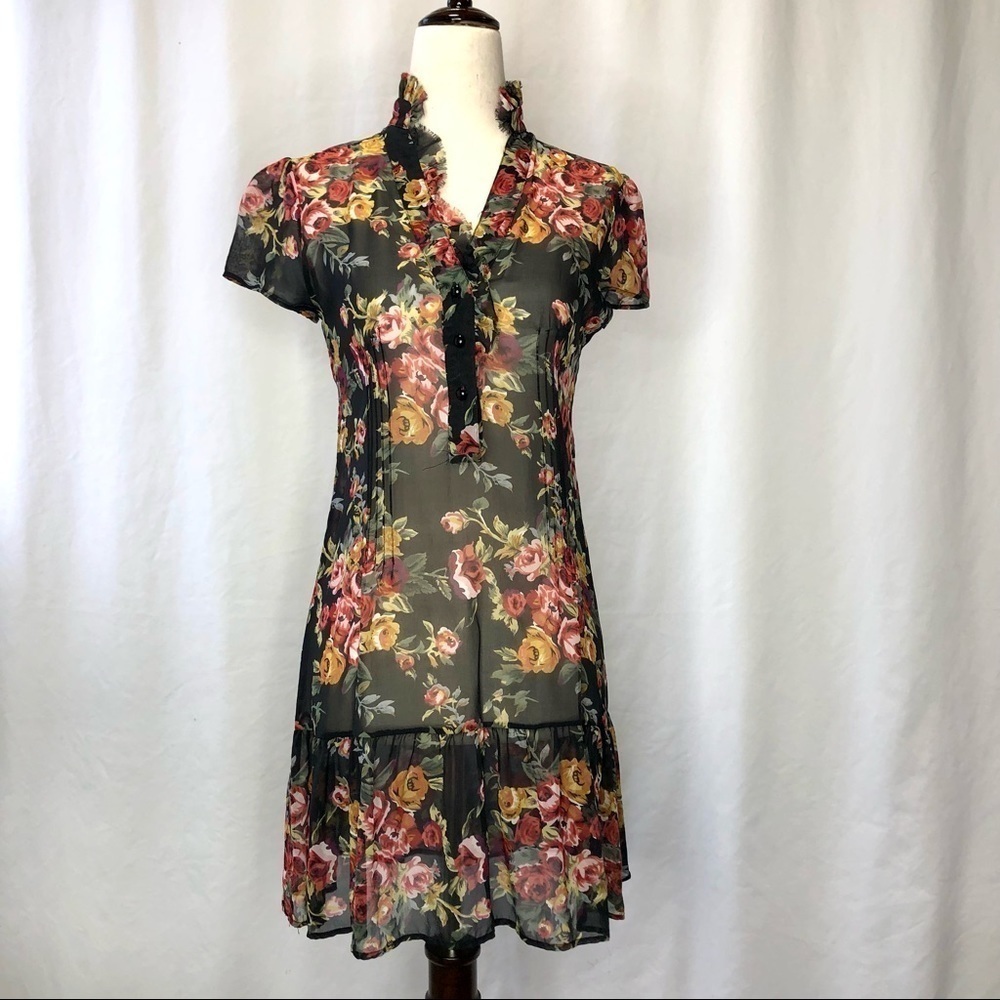Kimchi Blue sheer 100% silk mini dress roses flounce henley button v-neck  XS
